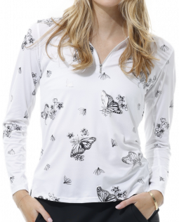 SanSoleil Ladies & Plus Size SolShine Foil Print L/S Mock Golf Sun Shirts - Monarch White/Black