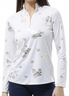 SanSoleil Ladies SolShine Foil Print L/S Mock Golf Sun Shirts - Monarch White/Gold