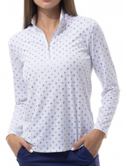 SanSoleil Ladies & Plus Size SolShine Foil Print L/S Mock Golf Sun Shirts - On Par White/Blue