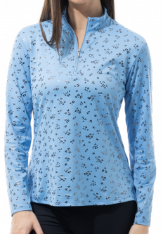 SanSoleil Ladies & Plus Size SolShine Foil Print Long Sleeve Mock Golf Sun Shirts - Prowl Blue/Black