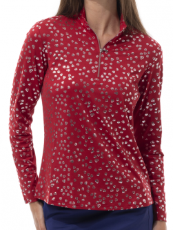 SPECIAL SanSoleil Ladies SolShine Foil Print L/S Mock Golf Sun Shirts - Sweetheart Ruby/Silver