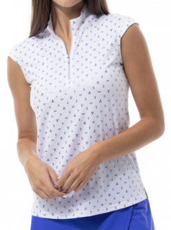 SanSoleil Ladies SolShine Foil Print Sleeveless Zip Mock Golf Shirts - On Par White/Blue