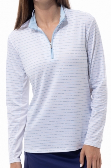 SPECIAL SanSoleil Ladies & Plus Size SolShine L/S Mock Zip Golf Sun Shirts - Morse Code White/Artic