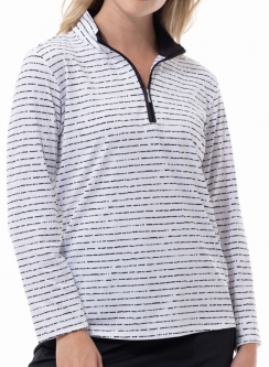 SanSoleil Ladies & Plus Size SolShine Long Sleeve Zip Mock Golf Sun Shirts - Morse Code White/Black