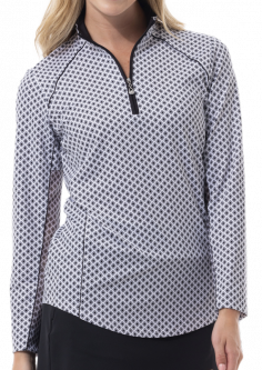 SanSoleil Ladies & Plus Size SunGlow L/S Zip Mock with Piping Golf Sun Shirts - Paragon White/Black