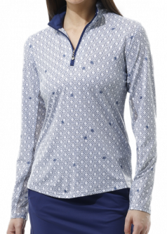 SanSoleil Ladies SolCool Print Long Sleeve Zip Mock Golf Sun Shirts - Buzz Navy
