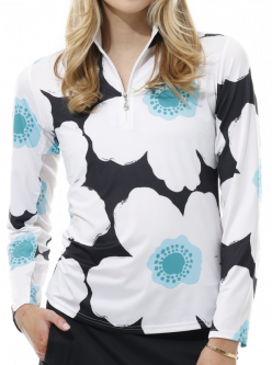 SanSoleil Ladies SolCool Print Long Sleeve Zip Mock Golf Sun Shirts - Finlandia Black