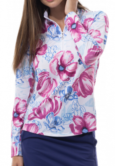 SPECIAL SanSoleil Ladies & Plus Size SolCool Print L/S Zip Mock Golf Sun Shirts - Garden Party Berry