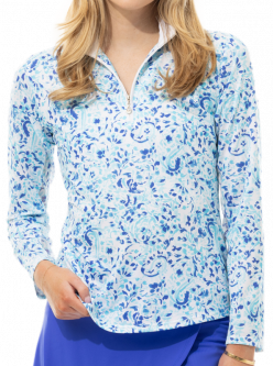 SanSoleil Ladies & Plus Size SolCool Print L/S Zip Mock Golf Sun Shirts - Island Paisley Blue