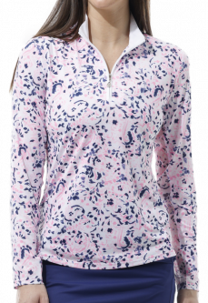 SanSoleil Ladies & Plus Size SolCool Print L/S Zip Mock Golf Sun Shirts - Island Paisley Pink