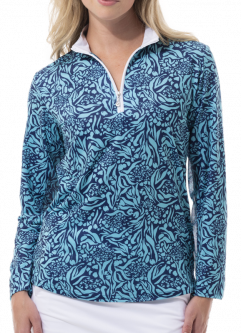 SanSoleil Ladies & Plus Size SolCool Print Long Sleeve Zip Mock Golf Sun Shirts - Ivory Coast Capri
