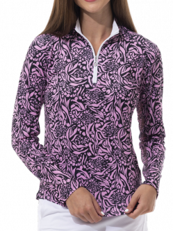 SanSoleil Ladies & Plus Size SolCool Print Long Sleeve Zip Mock Golf Sun Shirts - Ivory Coast Pink