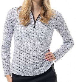 SanSoleil Ladies & Plus Size SolCool Print Long Sleeve Zip Mock Golf Sun Shirts - Mixology Black