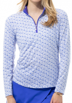 SanSoleil Ladies SolCool Print Long Sleeve Zip Mock Golf Sun Shirts - Mixology Cobalt