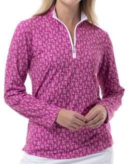 SanSoleil Ladies SolCool Print Long Sleeve Zip Mock Golf Sun Shirts - Pinot Berry