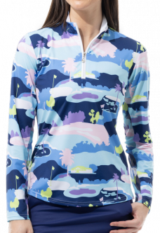 SanSoleil Ladies & Plus Size SolCool Print Long Sleeve Zip Mock Golf Sun Shirts - Vista Blue