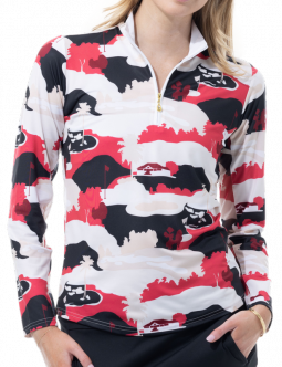 SanSoleil Ladies & Plus Size SolCool Print Long Sleeve Zip Mock Golf Sun Shirts - Vista Natural