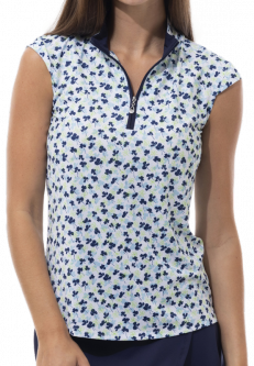 SanSoleil Ladies SolCool Sleeveless Print Zip Mock Golf Shirts - Lucky Clover