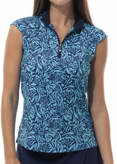 SanSoleil Ladies & Plus Size SolCool Sleeveless Print Zip Mock Golf Shirts - Ivory Coast Capri