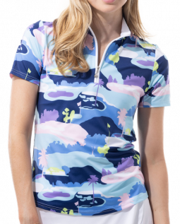SanSoleil Ladies & Plus Size SolCool Short Sleeve Print Zip Mock Golf Shirts - Vista Blue