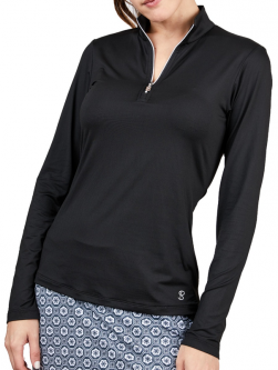Sofibella Ladies & Plus Size Long Sleeve Mock Golf Shirts - UV FEATHER (Black)
