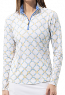 SPECIAL SanSoleil Ladies SolTek ICE L/S Print Zip Mock Golf Sun Shirts - Bitsy Blue
