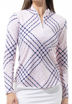 SanSoleil Ladies SolTek ICE L/S Print Zip Mock Golf Sun Shirts - Wallace Plaid Pink