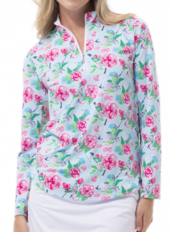 SanSoleil Ladies SolTek LUX Long Sleeve Print Zip Mock Golf Sun Shirts - Sea Island
