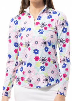 SanSoleil Ladies SOLTEK Lux Long Sleeve Print Zip Mock Golf Sun Shirts - Sundance Multi