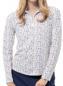 SanSoleil Ladies SOLTEK Lux Long Sleeve Print Zip Mock Golf Sun Shirts - Tuscany Pink