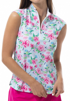 SanSoleil Ladies & Plus Size SolTek LUX Sleeveless Print Zip Mock Golf Shirts - Sea Island