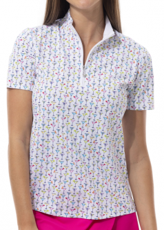 SanSoleil Ladies & Plus Size SolTek LUX Short Sleeve Print Zip Mock Golf Shirts - 19th Hole
