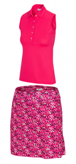 Greg Norman Ladies & Plus Size Golf Outfits (Shirt & Skort) - ESSENTIALS (Strawberry)