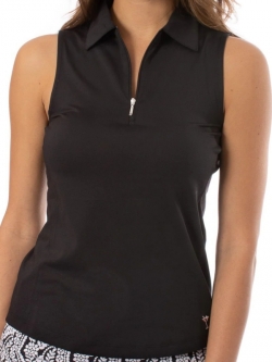 Golftini Ladies & Plus Size Sleeveless Zip Tech Golf Polo Shirts - Black