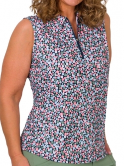 JoFit Ladies & Plus Size Sleeveless Polo Shirts - Tropical Sunrise (Ditsy Floral Print)