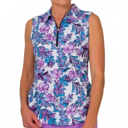 JoFit Ladies & Plus Size Sleeveless Polo Shirts - Purple Haze (Tropical Punch Print)