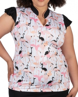 Nancy Lopez Ladies & Plus Size Flamingo Sleeveless Print Golf Shirts - CARIBBEAN (White/Black Multi)