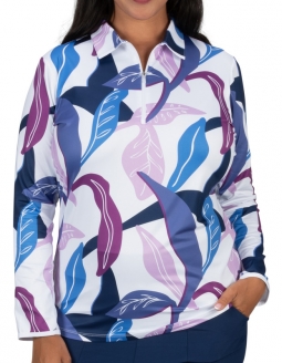 Nancy Lopez Ladies & Plus Size Balance Long Sleeve Print Golf Polo Shirts - CARIBBEAN (White Multi)