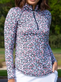 JoFit Ladies & Plus Size Long Sleeve UV Mock Golf Shirts - Tropical Sunrise (Ditsy Floral Print)