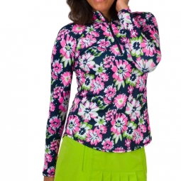 JoFit Ladies Long Sleeve UV Mock Golf Shirts - Strawberry Mojito (Fiesta Floral)