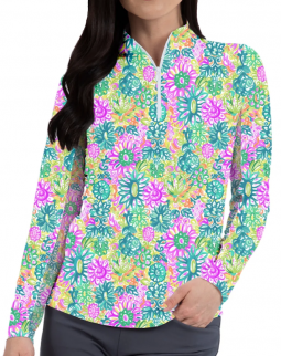 Ibkul Ladies Lilli Print Long Sleeve Mock Neck Golf SunShirts - Violet Multi