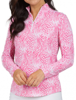 Ibkul Ladies Alena Print Long Sleeve Mock Neck Golf SunShirts - Watermelon/White