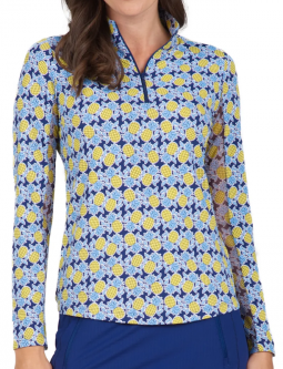 Ibkul Ladies Chantal Print Long Sleeve Mock Neck Golf SunShirts - Navy/Peri