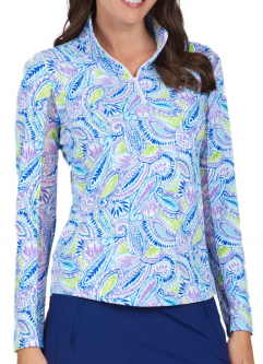 Ibkul Ladies Massie Print Long Sleeve Mock Neck Golf SunShirts - Plum Multi