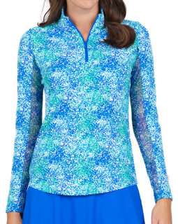 Ibkul Ladies Spray Paint Print Long Sleeve Mock Neck Golf SunShirts - Blue/Green