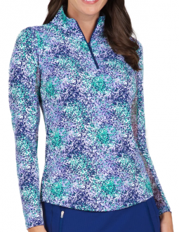 Ibkul Ladies Spray Paint Print Long Sleeve Mock Neck Golf SunShirts - Navy/Lavender