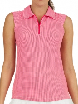 SPECIAL Ibkul Ladies & Plus Size Mini Check Sleeveless Golf Polo Shirts - Red/White