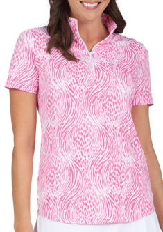 Ibkul Ladies Alena Print Short Sleeve Mock Neck Golf Shirts - Watermelon/White