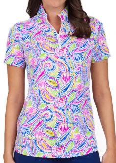 Ibkul Ladies Massie Print Short Sleeve Mock Neck Golf Shirts - Hot Pink/Yellow