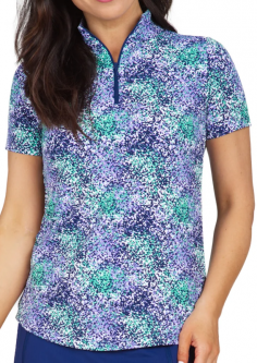 Ibkul Women's Plus Size Spray Paint Print Short Sleeve Mock Neck Golf Shirts - Navy/Lavender